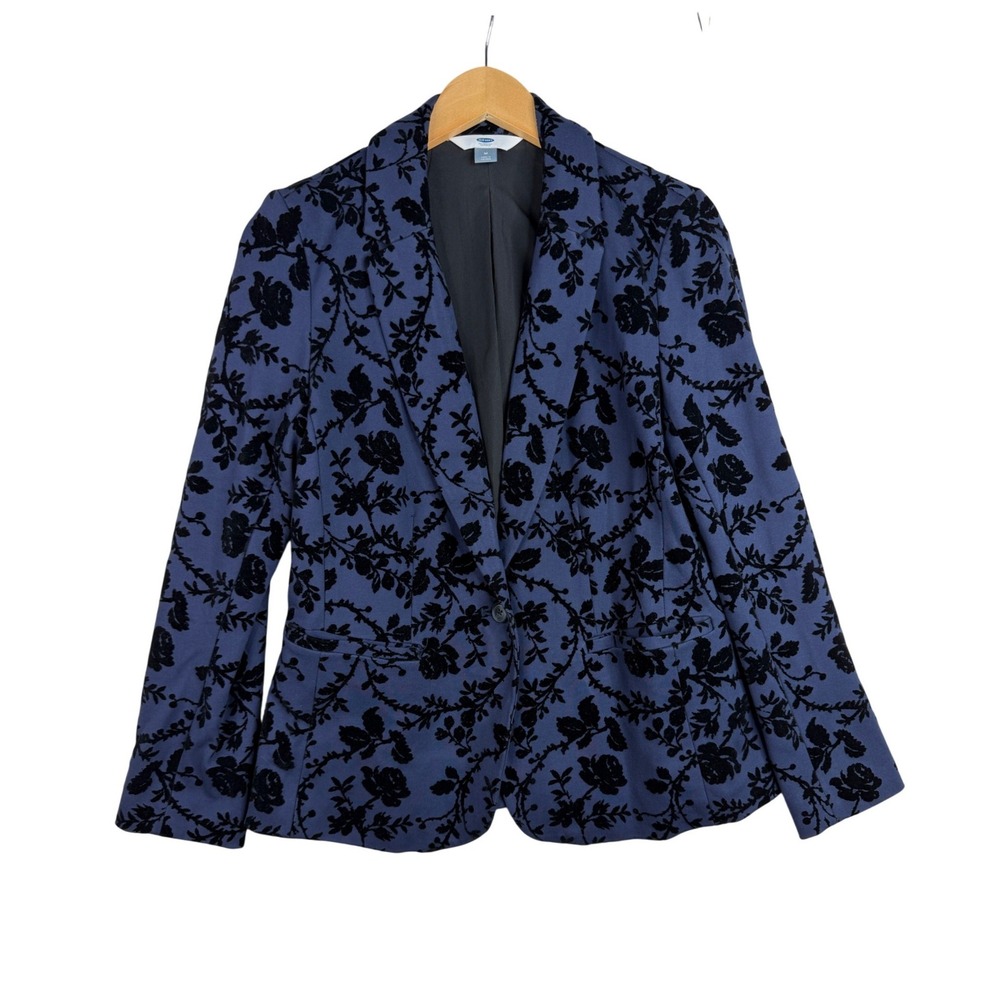 Old Navy Womens Navy Floral Velvet Flocked Blazer Sz M Dark Academia Whimsigoth